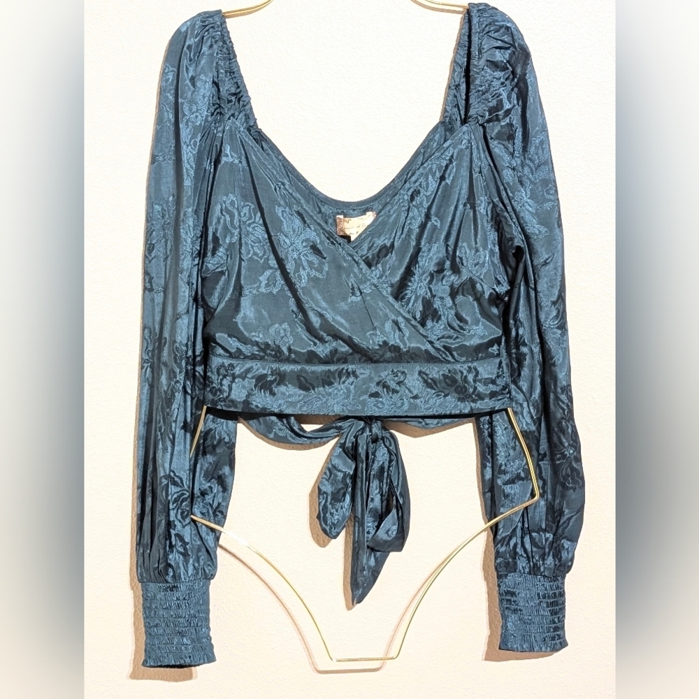 NWT Band of the Free Camille Floral Jacquard Tie Crop Top  Deep Teal Size S